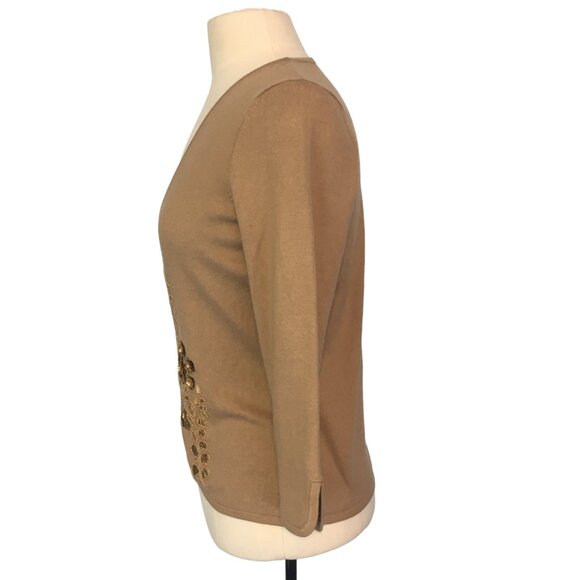 Ann Taylor Womens Silk Cotton Cashmere Blend Tan Cardigan Sweater Beads Sequins - Picture 8 of 11